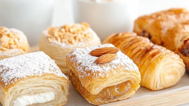 Assorted Pastries Delights: A close-up showcases a tempting array of freshly baked pastries, each a unique work of culinary art with delightful textures, shapes, and tempting toppings. 