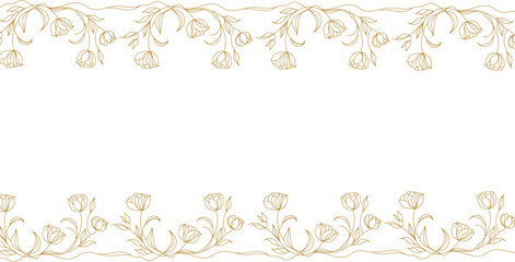 Elegant gold floral frame line art. Frame with tulips. Perfect for invitations, cards, and decorative designs.