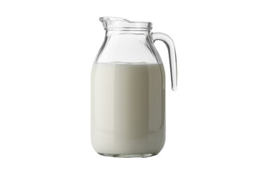 A transparent glass pitcher, half-filled with fresh white milk, stands prominently against a simple background. Healthy, delicious dairy beverage. background removed