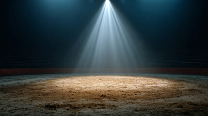 Dramatic spotlight illuminating empty arena for event preparation and performance ambiance