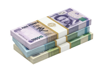 Three stacks of colorful, stylized banknotes, banded together, with the top stack showing a man's portrait on purple currency, signifying wealth. background removed