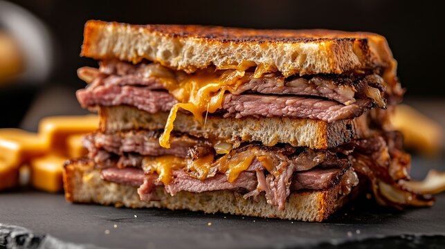 Delicious toasted sandwich stacked high with layers of tender beef and melted cheese, showcasing an authentic charcuterie moment, perfect for food lovers and culinary enthusiasts