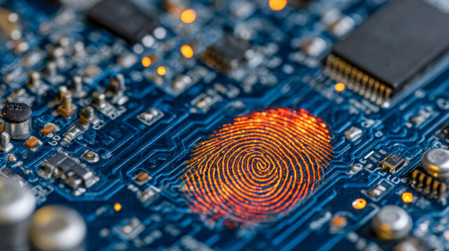 Digital fingerprint on a blue circuit board representing biometric security and identity verification in modern technology and cybersecurity systems