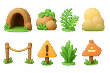 Cartoon cave adventure icons set for game design or poster decoration