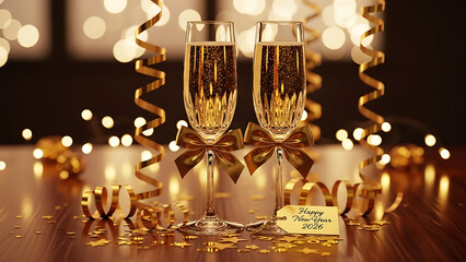 Two champagne flutes with gold ribbon for new year celebration