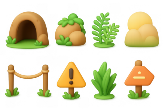 Cartoon cave adventure icons set for game design or poster decoration