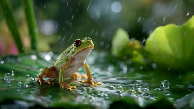 A green frog sits on a wet leaf in the rain