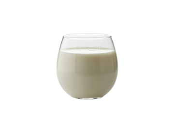 A clear glass filled with fresh white milk, featuring a few tiny bubbles on the surface against a plain transparent background. background removed
