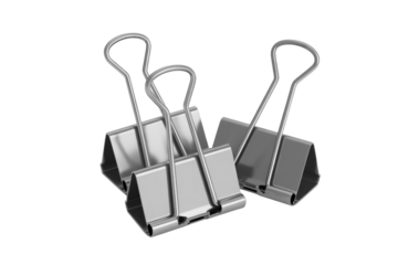 Three shiny silver metal binder clips are neatly arranged on a solid transparent background, highlighting their smooth texture and essential office utility. background removed