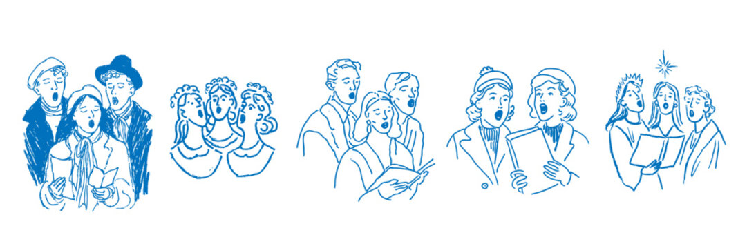 Christmas carol singers doodle set of hand-drawn festive holiday illustrations