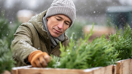Vendor arranging mini christmas trees in snowy outdoor market scene for holiday decoration