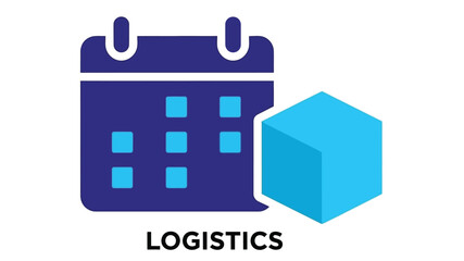 Calendar icon with a blue cube and the word logistics below it flat design