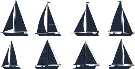 Minimalist sailboat silhouettes, nautical vector icons, marine vessel designs, sailing boat collection, ocean transport graphics, yacht shapes, maritime illustration set