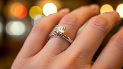 Sparkling diamond engagement ring on finger with bokeh lights