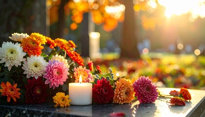 Chrysanthemum flowers and candles commemorating loved ones on grave