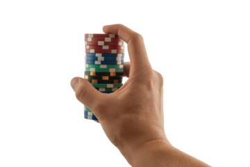 A human hand holds a tall stack of colorful poker chips, representing gambling, games, and strategic play. background removed