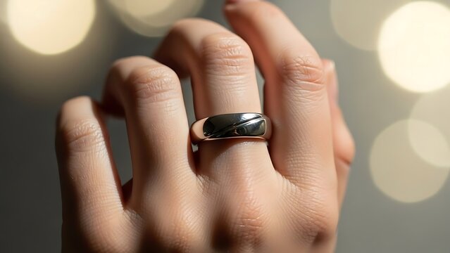 Modern metal ring on a woman's finger, glowing bokeh backdrop