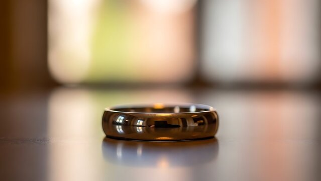 Simple elegant gold wedding band ring on a reflective tabletop.