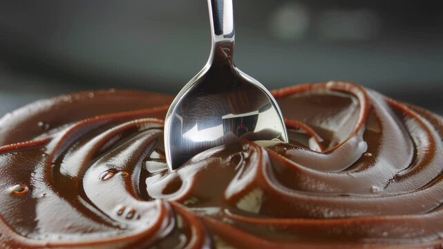 Ultra macro closeup of a spoon sinking into silky vegan chocolate mousse, the glossy surface folding smoothly around it with tiny air bubbles and rich brown ridges captured in sharp detail for premium