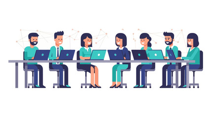 Collaborative teamworking at office desk with laptops in modern flat design