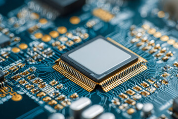 Macro shot of a central processing unit mounted on a blue printed circuit board with intricate gold connectors and electronic components in a technology concept backgroun