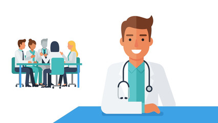 Friendly medical team meeting with smiling doctor in flat design