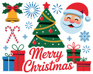 Festive Christmas icons including Santa, tree, gifts, candy canes, and holly create a joyful holiday scene.