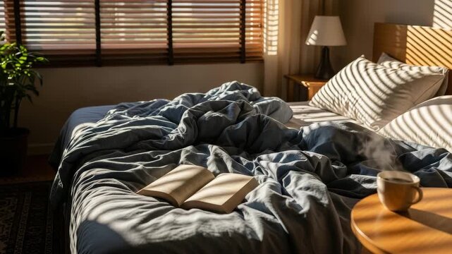 Cozy bedroom morning sunlight streaming through blinds illuminating rumpled blue duvet on bed with open