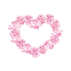 Pink rose heart shape. Floral love wreath composition template for Valentine's Day, frame. Watercolor illustration isolated from background. Delicate bud of flower blossom for wedding invitation