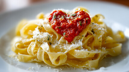 Plate of fettuccine pasta topped with freshly grated cheese and a heart-shaped tomato sauce garnish sprinkled with herbs on a white dish