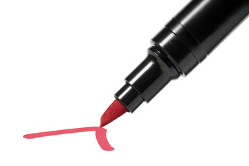 Naklejka premium A close-up shot of a black marker with a vibrant red felt tip drawing a bold, curved red line on a solid transparent background. background removed