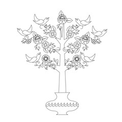 Blooming tree in pot, birds coloring page. Cute cartoons outline plant for coloring book for children, for adult. Monochrome stock vector illustration for web, for print