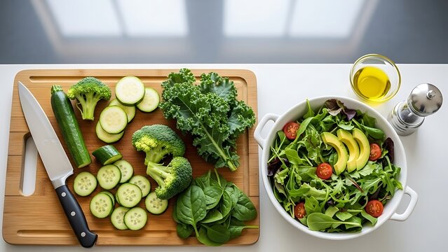 Green vegetables, knife on cutting board, and fresh salad bowl