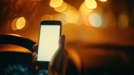 Holding a smartphone while driving at night with blurred city lights