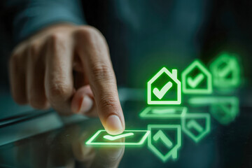 Person interacting with futuristic virtual touchscreen selecting home verification options with glowing green check marks symbolizing approval or security confirmati