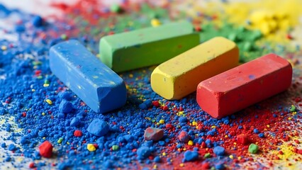 Four colorful chalk sticks scattered with pigment powder pastel