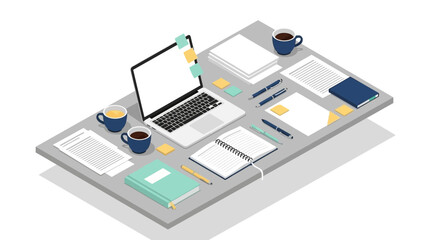 Organized isometric office workspace with laptop and stationery on desk