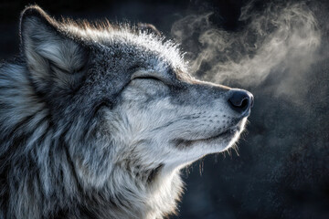 Obraz premium A majestic gray wolf inhales deeply on a cold winter morning, with visible breath mist against a dark, blurred background showcasing its thick fur texture and serene
