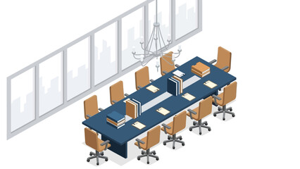 Modern office conference room with large table and city view in isometric style