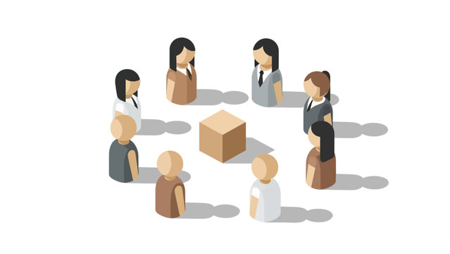 Isometric team meeting around a table with diverse professionals in discussion