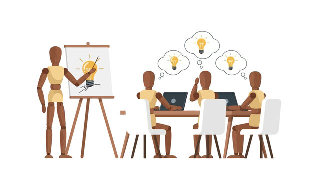 Brainstorming session with wooden mannequins sharing innovative ideas in a flat design concept