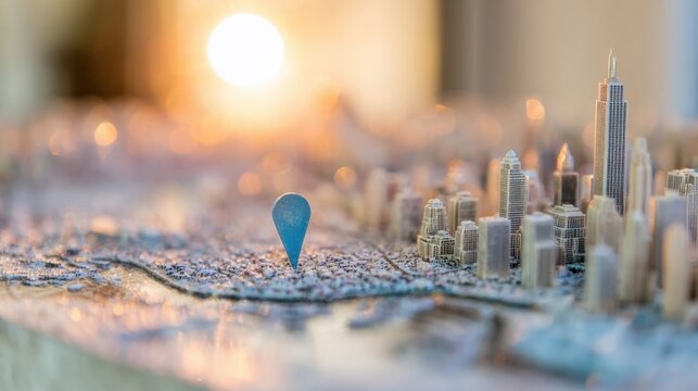 View of a detailed city model under soft sunlight with a map marker
