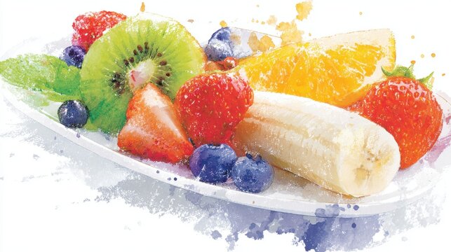 Fresh fruit platter with strawberries, kiwi, banana, and oranges on display - Powered by Adobe
