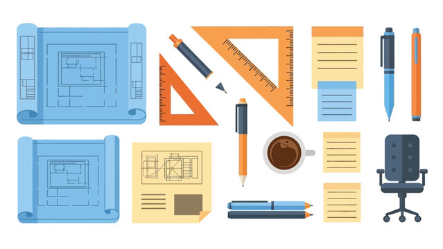Architectural workspace essentials: blueprints, drafting tools, and office supplies in modern flat design