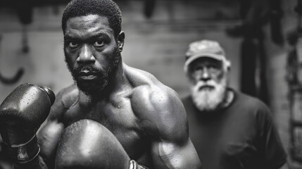 Intense Boxer with Trainer in Grayscale boxing fighter