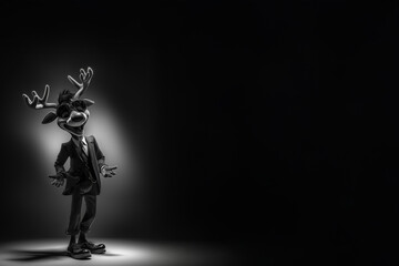 Fototapeta premium Renne caricaturé du traîneau du Père Noël debout sous un faisceau de lumière sur fond noir avec large espace négatif copyspace folklore hivernal et traditions de Noël