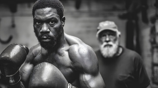 Intense Boxer with Trainer in Grayscale boxing fighter