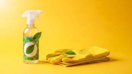 Eco-friendly cleaning spray and rubber gloves for daily tasks.