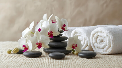 Relaxing spa stones with orchids and soft towels