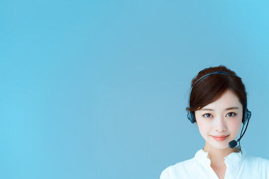 Femme asiatique avec casque micro sur fond bleu avec large espace négatif copyspace service client assistance hotline support communication professionnelle